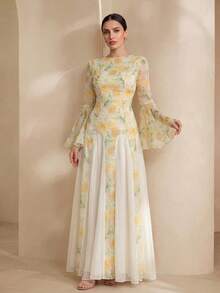 Graceveil Women's French Elegant Yellow Round Neck Double-Layer Flare Sleeve Waist Cinched Dress Bride Printed Dress Yellow Dress Latest Dress Style Vacation - View 7