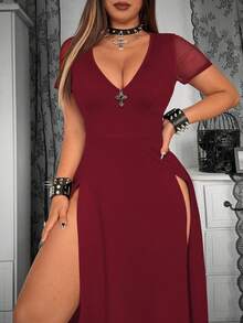 Whyspr Dark-Colored High Slit Sexy Long Flare Sleeve Dress - Burgundy - View 4