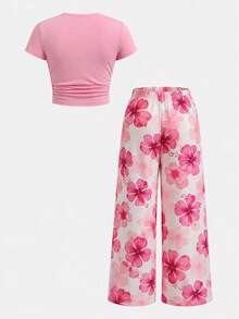 Tween Mädchen Outfit mit Blume Muster T-Shirt und Strickjogginghose, 2 Stücke lässiges und modisches Alltagsset - Verschiedenfarbig - Übersicht 2