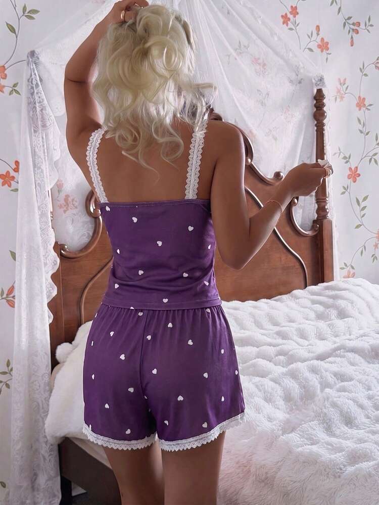 CottageSlumber Women's Pink Heart & Ribbed Lace Silk Camisole Shorts Pajama Set - Purple - View 2