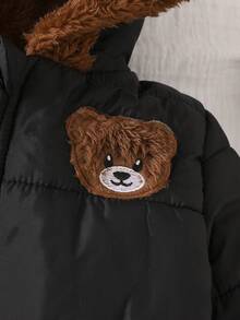 SHEIN Playful Pals 1 chiếc áo khoác hoodie chần bông dày lông cừu cho bé trai unisex màu đen mùa đông, thêu gấu dễ thương, tai 3D, khóa kéo - màu đen - Xem 6