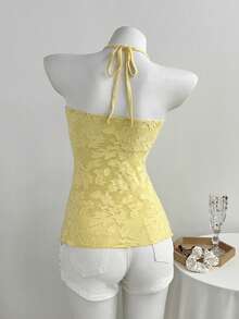 Elamini Women's Textured Sleeveless Halter Neck Casual Elegant Top, Versatile New Style, Summer Vacation Yellow - Apricot - View 2