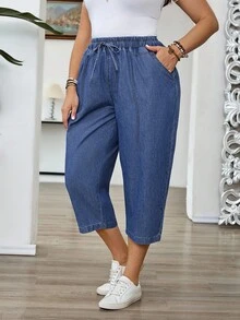 EMERY ROSE EMERY ROSE Pantalones capri de mezclilla sencillos y casuales para tallas grandes - Azul lavado oscuro - Ver 3