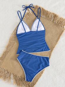 Swim Lushoire Swim Vcay 新款女款兩件式泳衣，白色紋理面料配黑色裝飾線條，抽褶腰部設計，女款度假背心比基尼 - 彩色 - 查看 2