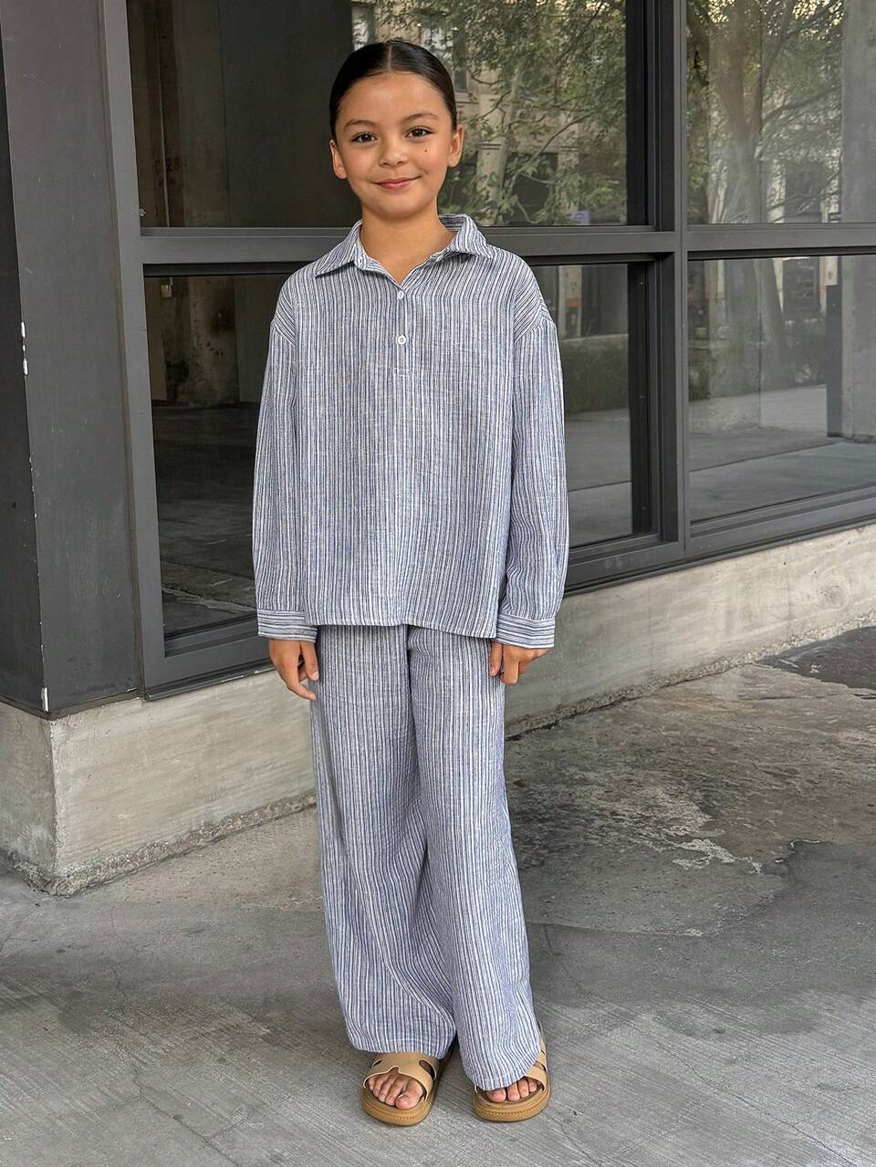 Loose Shirt Collar Bowknot Decor + Straight Casual Striped Pants Tween Girls Shirt Set Vacation