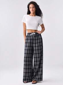 Loungeista Women's Plaid High Waist Drawstring Wide Leg Pants, Loose Fit, Suitable For Outdoor Wear, Spring/Summer/Autumn - Black and White - View 8