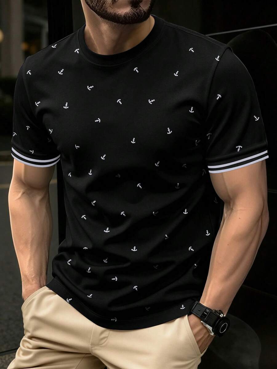 Manfinity Homme 男士印花休闲短袖T恤,时尚街头嘻哈风格 - 黑色 - 查看 1
