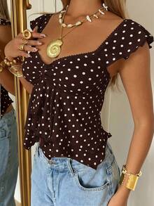SHEIN EZwear 巧克力棕色波点心形领口荷叶边下摆女式背心 - 巧克力棕 - 查看 6