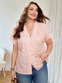 Rosumi Plus Size Women's Summer Elegant Pastel Pink Floral Embroidery Ruffle Collar Blouse,Everyday Casual Boho Hollow-Out Top,Vacation Country Style Shirt - Dusty Pink - View 2