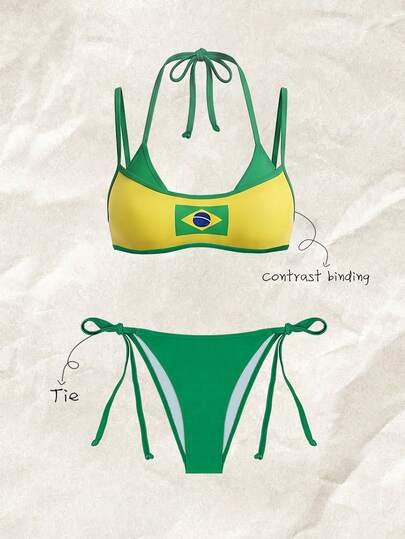 Elavelle Women's Spring/Summer Printed Halter Neck 3-Piece Bikini Set