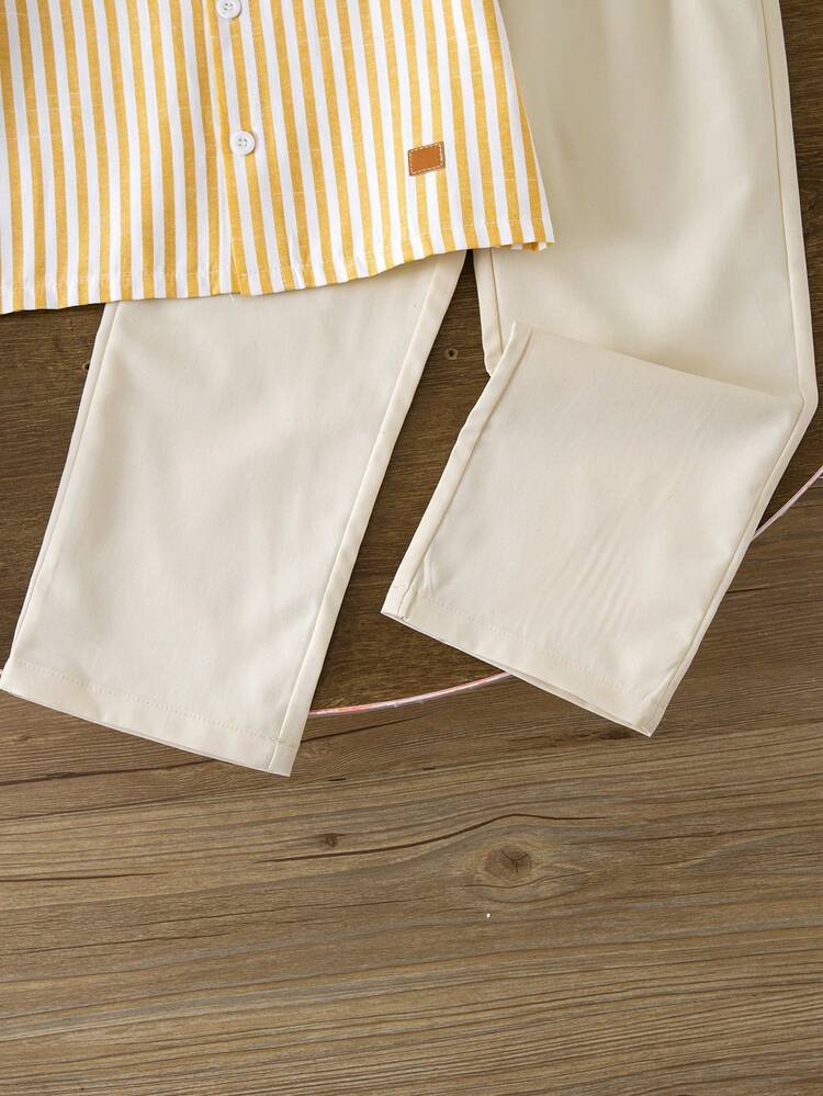 SHEIN 2pcs/Set Young Boy Casual Solid & Striped Short Sleeve Shirt And Striped Pants Set, Suitable For Daily Casual, Vacation, Sports, Summer - Mint Green - View 6