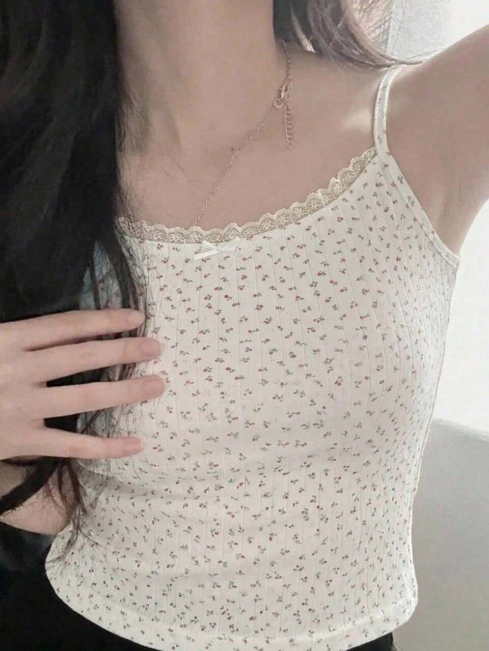 Floral Contrast Lace Trim Fitted Casual Cute Vacation Summer Tank Top For Women Everyday White And Blue Floral