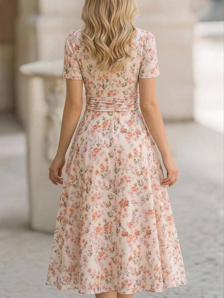 Women's Elegant Floral Print Ruffle Waist Dress With Square Neck And Rhinestone Decor, Suitable For Summer Vacation