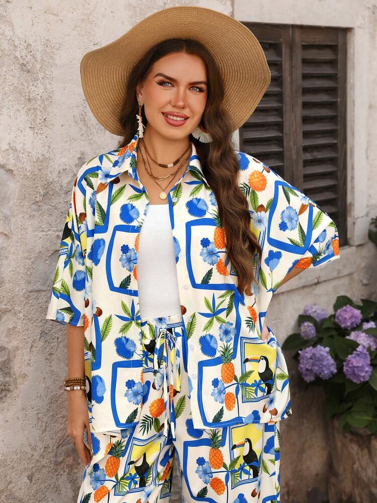 Plus Size Loose Casual Short Sleeve Summer Retro Vacation Style 2 Pieces Set Beach Outfit For Women