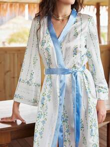 Lullawish Bata de satén con estampado floral y de rayas en estilo bohemio con mangas acampanadas de color contrastante para mujeres - Multicolor - Ver 4