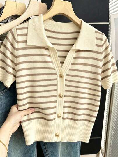 Franclia Women's Summer Khaki Casual Striped Cardigan,Back-To-School Everyday Work Short Sleeve Lapel Metal Button Plus Size Fitted Elegant Top