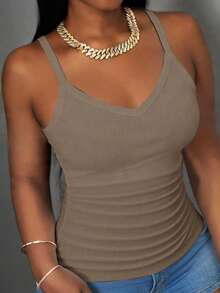 Slaydiva Khaki Summer Casual Vacation Women Ribbed V-Neck Racerback Gathered Tank Top,Solid Versatile Basic Boho Style Ribbed Knit Shirt For Party Going Out - Grey - View 7