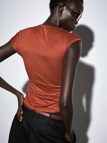 Lumivelle Women's Summer Metal Buckle Decor T-Shirt, Waist Ruched Slim Fit Casual Sexy Daily Night Out Party Rusty Orange - Redwood - View 8