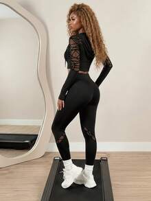 BamGleam Flocked & Mesh Patchwork Drawstring Hoodie And Pants Seamless Sports Suit Workout Women Set Women Leggings Set - Black - View 2