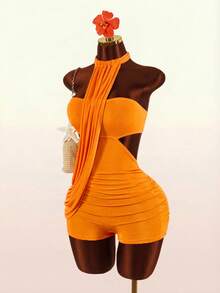 Amplova Bộ jumpsuit nữ gợi cảm hở lưng, không dây vai, thích hợp mặc đi nghỉ mát. - trái cam - Xem 3