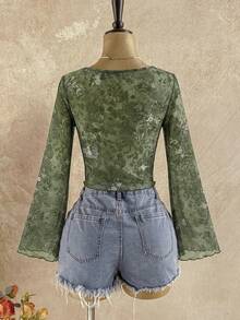 Soleia Trang phục nữ mùa thu, đi nghỉ mát, tốt nghiệp, tựu trường, áo kiểu babydoll cổ chữ V tay dài in họa tiết hoa paisley. - màu xanh lá - Xem 2