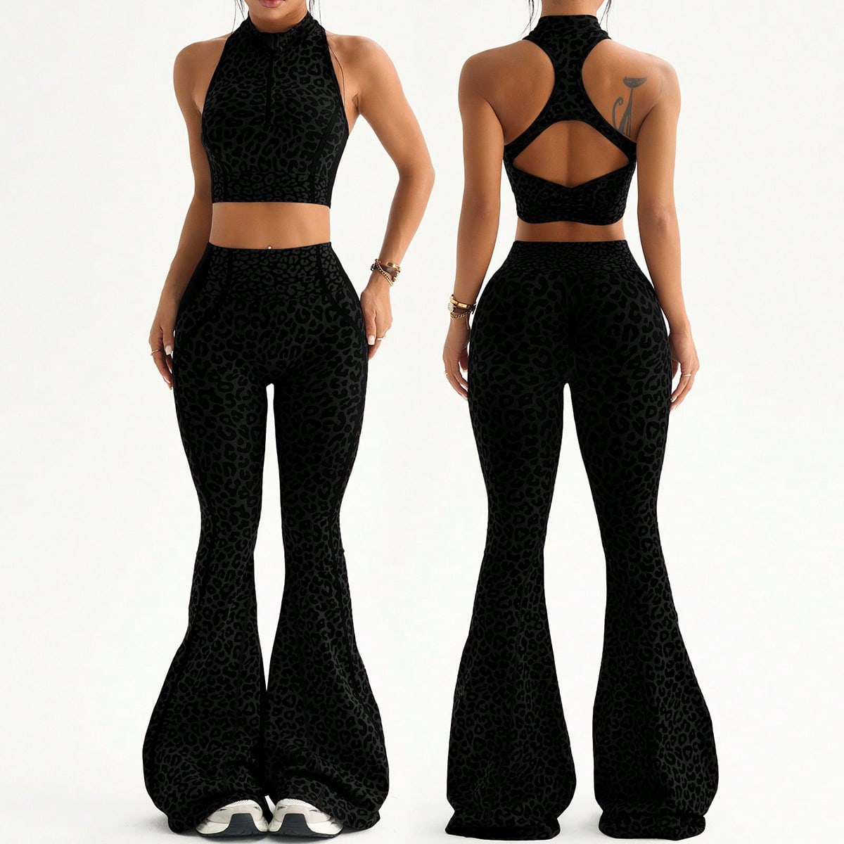 Piezas Conjunto de sujetador deportivo sexy sin espalda con cuello Mao sin costuras y pantalones acampanados para yoga y entrenamiento de mujer