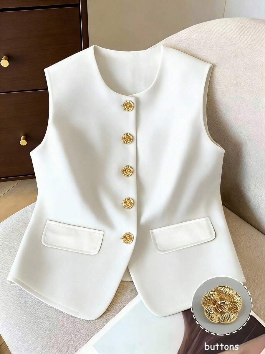 Gilet senza maniche elegante e casual da ragazza pre-adolescente, con collo tondo e bottoni dorati, stile vintage - Bianco - Visualizzare 1