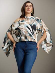 Flouryn Plus Size Women's Random Print Simple Daily Shirt One Shoulder Top Fall - Multicolor - View 7