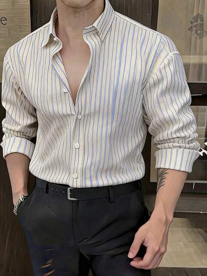 DAZY 男士休闲条纹印花长袖衬衫，适合度假、日常穿着和通勤，春秋季款