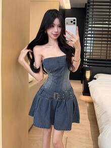 Joudiya Women's Distressed Denim Mini Dress, Fitted Sleeveless Casual Dress For Spring & Summer - Blue - View 3