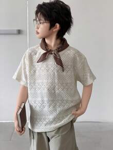 Dazy Kids 大童男童大尺碼純色紋理圓領短袖上衣 夏季 - 杏色 - 查看 3