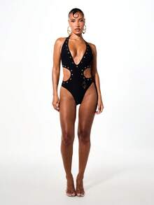 BABYPHAT Plunge Neck Cut Out One Piece Swimsuit With Gold Eyelet Detail And Halter Tie Back - Black - View 3