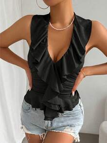 Femesol Black Summer Elegant Party Vacation Night V-Neck Asymmetric Ruffle Hem Sleeveless Top, Pleated Layered Cropped Tank Top, Fitted Versatile Camisole - Black - View 5