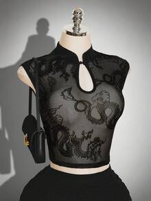 SHEIN ICON Women's Sexy Hollow Out Neck Sheer Mesh Dragon Print Fitted Cropped Sleeve T-Shirt, Autumn Club Night Black - Black - View 3