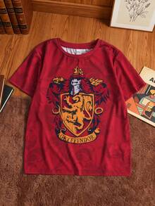 HARRY POTTER X SHEIN 1pc Tween Boys Casual Graphic T-Shirt, Round Neck Short Sleeve Comfortable Top, Collaboration Design - Burgundy - View 3
