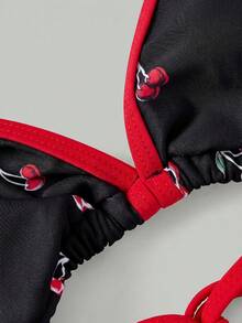 SHEIN MOD 女士樱桃印花挂脖比基尼套装，含罩衫，三件套度假沙滩装 - 黑色 - 查看 5