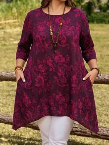 EMERY ROSE Plus Size Floral Print Casual Shirt With Pockets, Round Neck,Summer Vacation, Autumn,Fall - Red Violet - View 1