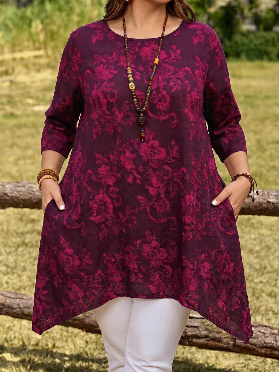 EMERY ROSE Plus Size Floral Print Casual Shirt With Pockets, Round Neck,Summer Vacation, Autumn,Fall - Red Violet - View 1