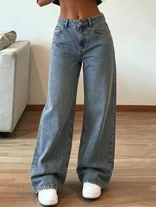 SHEIN Women's Casual Everyday Slant Pocket Wide Leg Jeans - Medium Wash - View 1