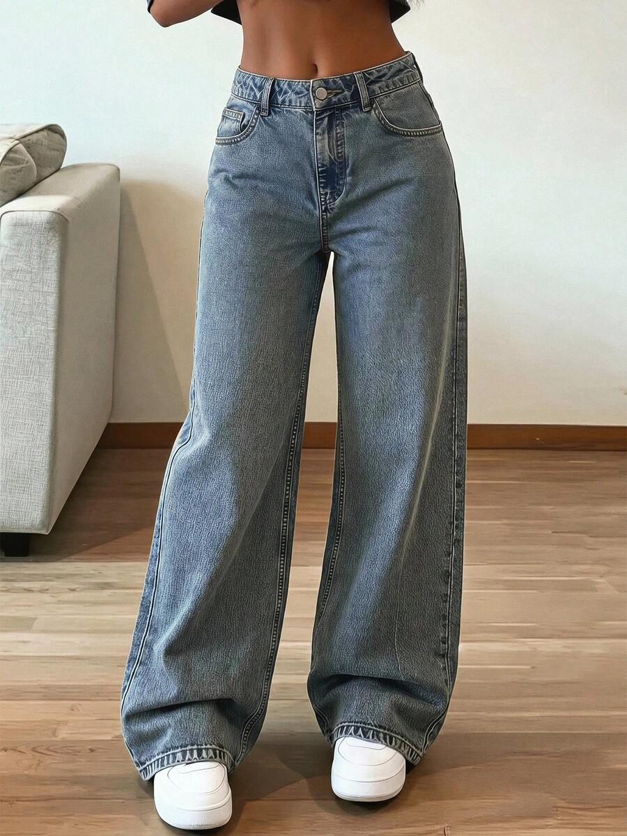 SHEIN Women's Casual Everyday Slant Pocket Wide Leg Jeans - Medium Wash - View 1