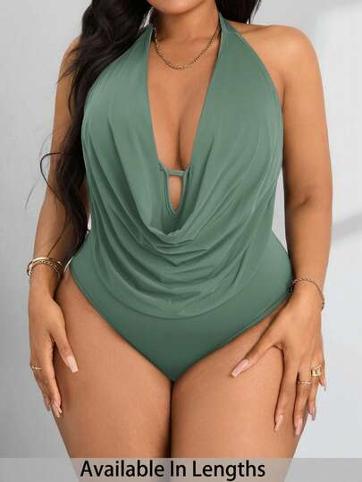 SHEIN PETITE CURVE Women's Plus Size Draped Front Backless Halter Bodysuit