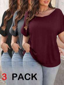 EMERY ROSE Plus Size 3 Pieces Set Soft Comfortable Casual Basic Wavy Boat Neck Raglan Sleeve Short Sleeve T-Shirt - Multicolor - View 1