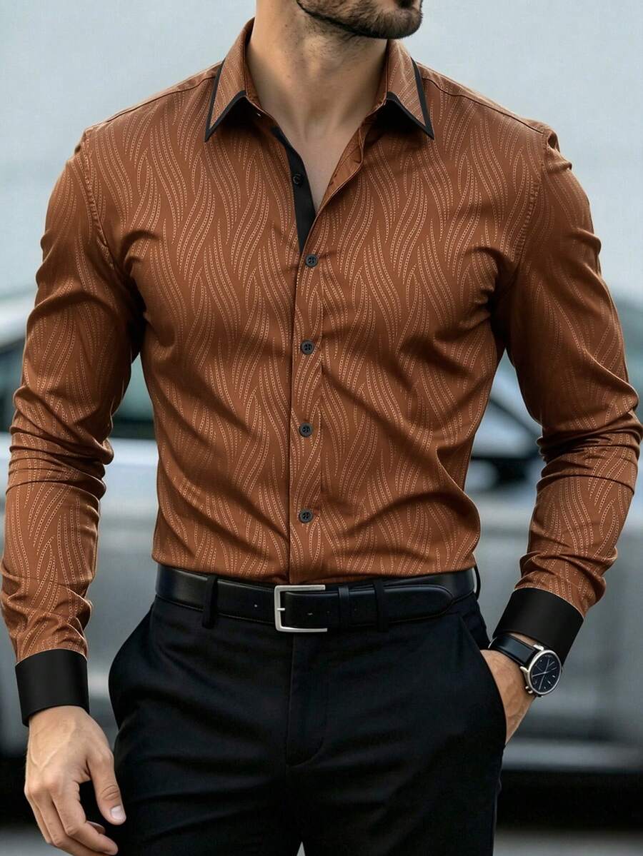 Manfinity Mode Men's Brown Autumn Business Casual Stand-Up Collar Button Long Sleeve Shirt,Formal Party Shirt For Work,Wedding,Daily Wear,Gift For Husband,Father - Coffee Brown - View 1
