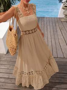 Vivid Eden 度假休閒純色拼接荷葉邊紋理面料A字版型吊帶洋裝 女款 - 卡其色 - 查看 6