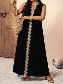 EMERY ROSE Plus Size Women Woven Tape Splice Loose Sleeveless Dress - Black - View 8