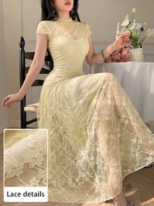 Modelyn Lace Waist Cinching A-Line Flowy Dress, Flattering For Spring/Summer Party Pale Yellow Elegent - Apricot - View 7