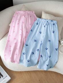 SHEIN 2件組少女編織條紋蝴蝶結圖案寬鬆休閒長褲套裝 - 彩色 - 查看 3
