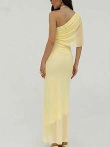 Aloruh Vestido ajustado de verano con cuello asimétrico, fruncido y retorcido, elegante para vacaciones y citas - Amarillo - Ver 2