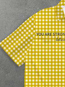 Manfinity EMRG Áo sơ mi nam tay ngắn cài cúc họa tiết kẻ caro vàng & trắng, áo cổ casual street camping, in số 7 phong cách distressed & slogan, dáng rộng, áo cardigan cài cúc, áo sơ mi nam casual kẻ caro vàng & trắng - Nhiều màu - Xem 5