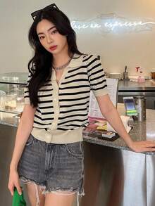 DAZY 女款米色短袖單排扣休閒針織開襟衫，適合早午餐與夏季穿著 - 黑色 - 查看 2